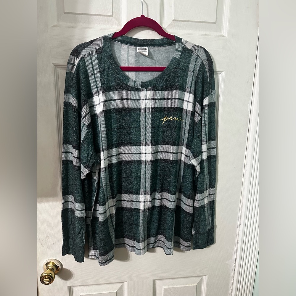 Pink Victoria Secret Super Soft Green Plaid Pajama Love Sleeve